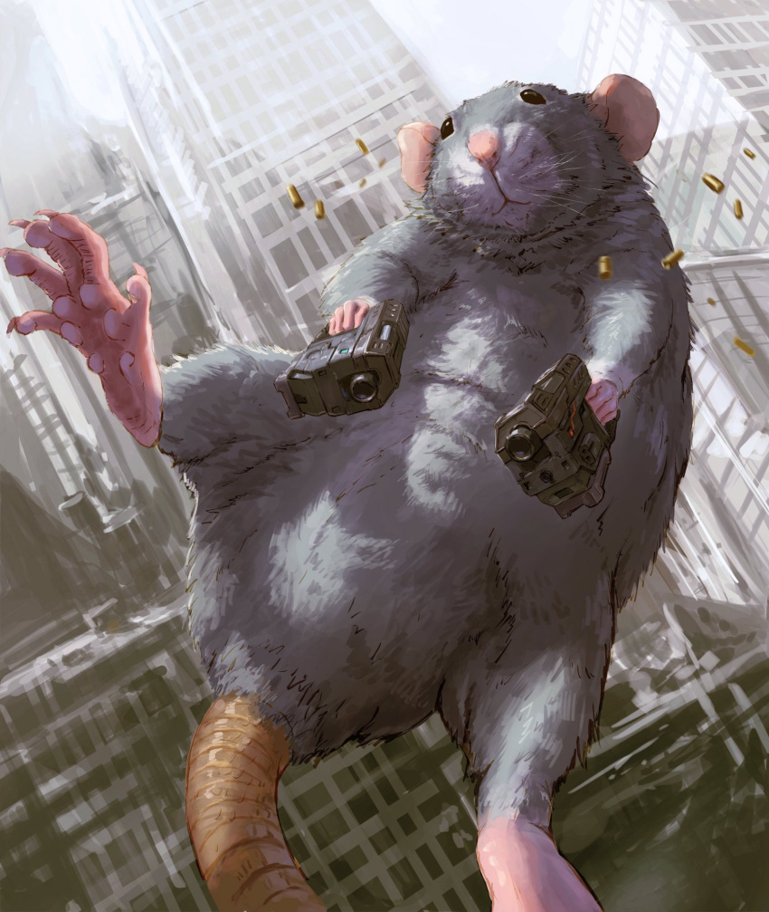 2023 5_toes anthro building city detailed_background feet gun hi_res humanoid_hands mammal murid murine nejumipro outside pink_nose ranged_weapon rat rodent solo toes weapon