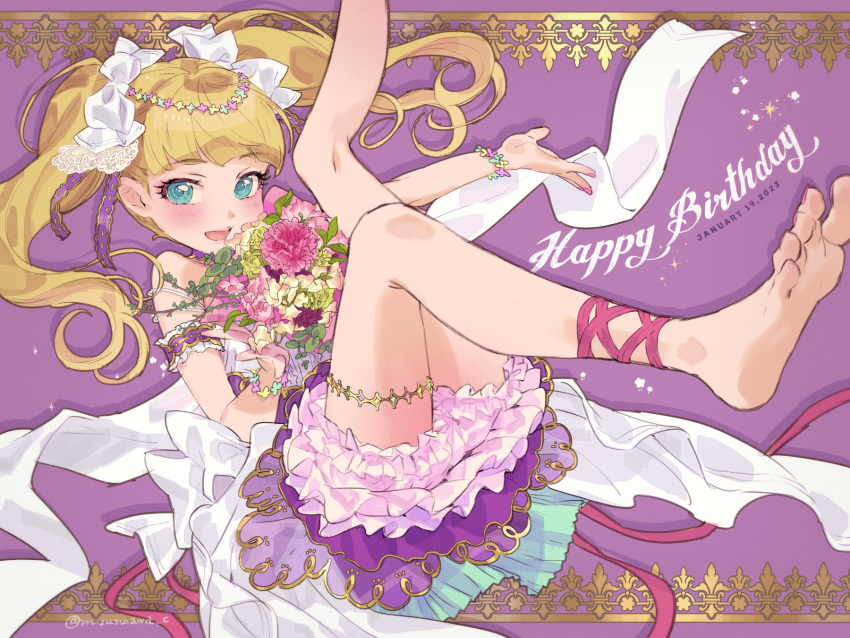 1girl anklet arm_garter bangs barefoot blonde_hair bloomers blunt_bangs blush bouquet bow dated dress hair_bow happy_birthday highres holding holding_bouquet idolmaster idolmaster_cinderella_girls jewelry looking_at_viewer mary_cochran mizunoawa_c purple_dress smile solo twintails underwear