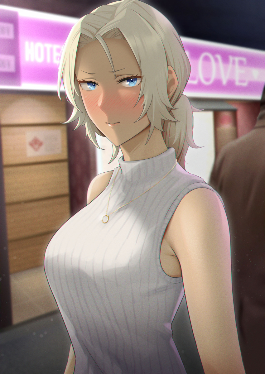1girl absurdres alternate_costume bare_shoulders blonde_hair blue_eyes blush catherine_(fire_emblem) closed_mouth commentary_request contemporary dark-skinned_female dark_skin fire_emblem fire_emblem:_three_houses grey_sweater highres homomomomon jewelry lips long_hair looking_at_viewer love_hotel necklace pink_lips ponytail ribbed_sweater sleeveless sleeveless_sweater solo sweater turtleneck turtleneck_sweater