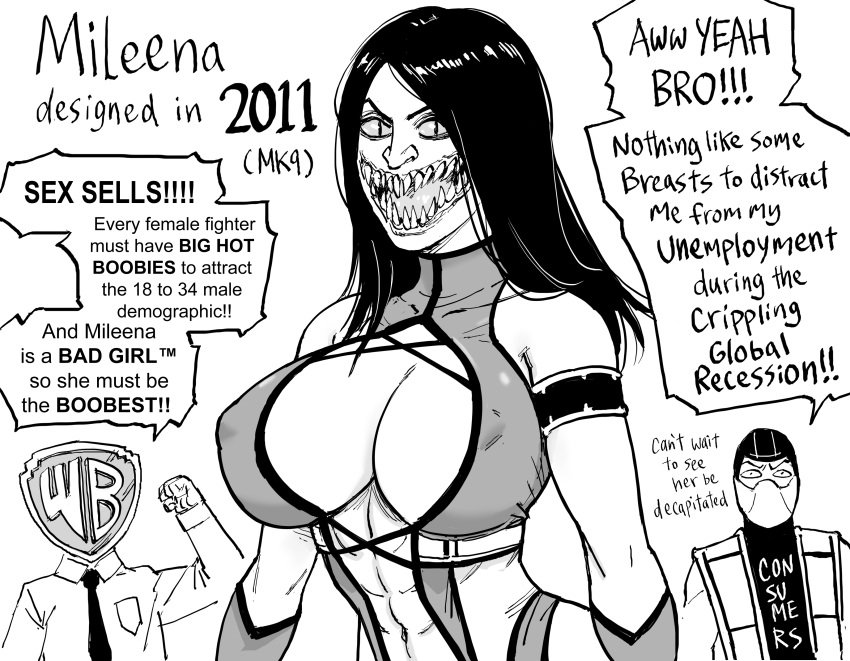 1girl 2boys abs absurdres armlet bb_(baalbuddy) breasts center_opening colored_sclera covered_nipples english_commentary english_text glasgow_smile greyscale highres large_breasts leotard long_hair mileena monochrome monster_girl mortal_kombat mortal_kombat_9 multiple_boys navel ninja no_bra no_veil nose open_mouth p-head_producer parody producer_(idolmaster) revealing_clothes sharp_teeth slit_pupils solo_focus speech_bubble teeth truth warner_bros