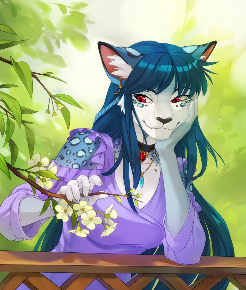 anthro black_nose blue_body blue_fur blue_hair breasts clothed clothing day digital_media_(artwork) dress ear_piercing ear_ring eyebrows eyelashes felid female fur hair hi_res leopard mammal orphen-sirius outside pantherine piercing red_eyes ring_piercing smile solo spots spotted_body spotted_fur