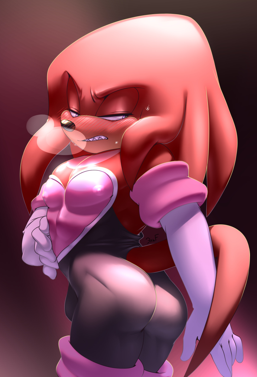 2023 anthro armwear blush bodily_fluids butt clothed clothing cosplay crossdressing echidna elbow_gloves gloves handwear hi_res knuckles_the_echidna krazyelf looking_back male mammal monotreme nipple_outline purple_eyes red_body rouge_the_bat sega simple_background solo sonic_the_hedgehog_(series) sweat