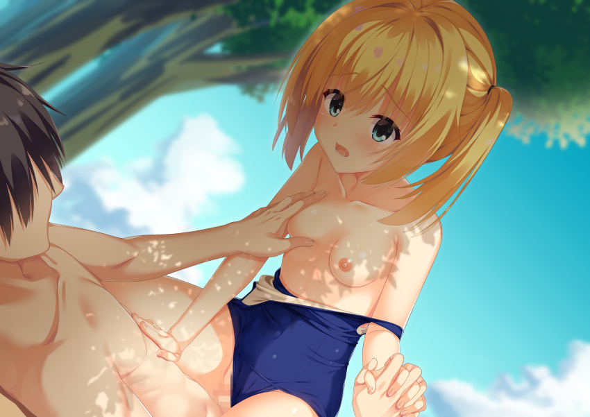 1boy 1girl 8kumagawa_(log) abs absurdres aqua_eyes bangs bare_arms blonde_hair blue_sky blush breast_grab breasts censored chitose_sana clothes_pull clothing_aside cloud collarbone commentary completely_nude cowgirl_position dappled_sunlight dutch_angle eyelashes fingernails grabbing groin hair_between_eyes hand_on_another's_stomach happy_sex hetero highres holding_hands interlocked_fingers leaning_forward long_hair looking_at_another lower_teeth_only midriff mosaic_censoring nipples nude one-piece_swimsuit_pull open_mouth outdoors saliva school_swimsuit sex sidelocks sky small_breasts solo_focus straddling straight_hair sunlight swimsuit swimsuit_aside teeth tenshinranman thighs tree tree_shade twintails yuzu-soft