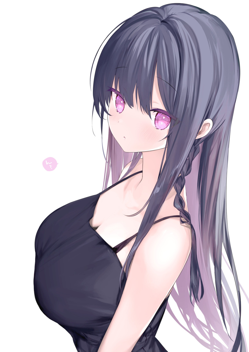 1girl :o ? absurdres bangs bare_shoulders black_dress blush braid breasts cleavage commentary dress eyes_visible_through_hair from_side hair_between_eyes hair_over_shoulder highres kurimochi_chizuru long_hair looking_at_viewer original parted_lips purple_eyes purple_hair sidelocks simple_background single_braid solo spaghetti_strap speech_bubble symbol-only_commentary upper_body white_background