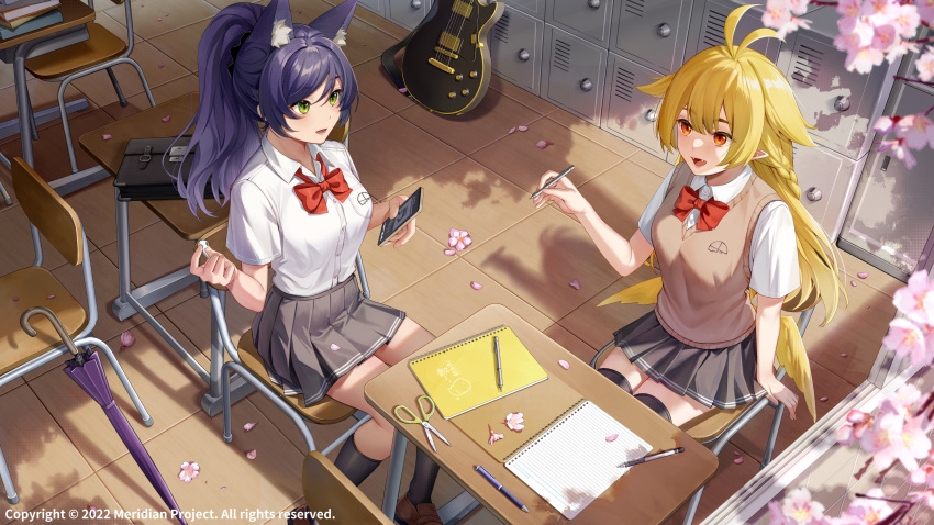 2girls absurdres animal_ear_fluff animal_ears antenna_hair bag bangs black_hair black_thighhighs blonde_hair bow bowtie braid brown_footwear brown_vest cellphone chair cherry_blossoms classroom collared_shirt desk dress_shirt earphones electric_guitar fangs fox_ears french_braid green_eyes grey_skirt guitar hair_between_eyes hibiki_(vtuber) highres holding holding_pen ihachisu indoors instrument kneehighs loafers long_hair looking_at_another low_wings meridian_project miniskirt multiple_girls notebook official_art open_mouth pen pencil phone pleated_skirt pointy_ears ponytail red_bow red_bowtie red_eyes school_bag school_chair school_desk school_uniform scissors seki_(vtuber) shirt shoes sitting skirt smartphone socks sweater_vest swept_bangs thighhighs traditional_bowtie umbrella very_long_hair vest virtual_youtuber white_shirt window wing_collar wings