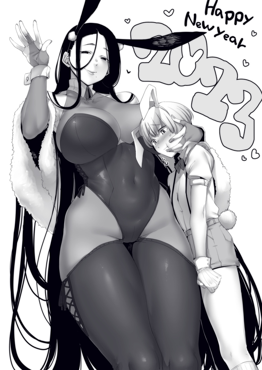 1boy 1girl 2023 age_difference animal_ears bare_shoulders black_leotard bow bowtie breasts commentary_request covered_navel detached_collar fake_animal_ears fishnet_pantyhose fishnet_thighhighs fishnets greyscale happy_new_year heart hetero highres large_breasts leotard long_hair monochrome nakamura_regura onee-shota original pantyhose playboy_bunny rabbit_ears rabbit_tail shorts strapless strapless_leotard tail thighhighs very_long_hair