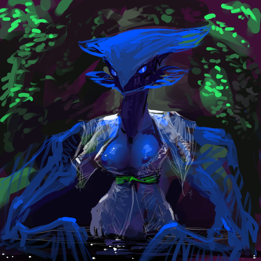 alien areola blue_body blue_skin breasts clothing female hi_res humanoid looking_at_viewer meandraco nipples partially_submerged solo translucent translucent_clothing water