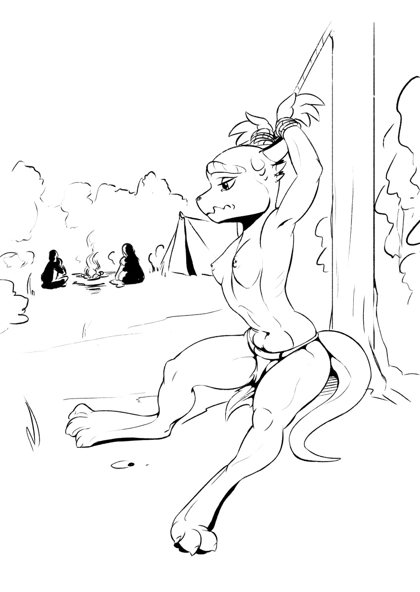 absurd_res anthro bottomwear bound_to_object breasts campfire clothed clothing female group hi_res horn inktober_2020 kobold loincloth navel nipples outside raised_arms restraints rope scalie sitting sketch slave solo_focus tail tent tied_to_pole topless topless_female trio vistamage