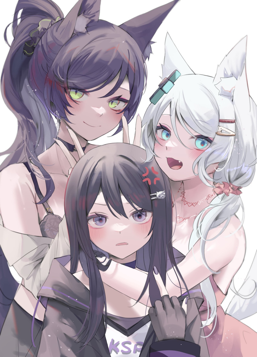 3girls anger_vein angry animal_ear_fluff animal_ears bangs bare_shoulders black_bra black_choker black_gloves black_hair black_scrunchie black_skirt blue_eyes blush bra breasts cat_hair_ornament character_name choker cleavage closed_mouth clothes_writing d-pad d-pad_hair_ornament dress fang fingerless_gloves fingernails fox_ears fox_girl fox_tail gloves green_eyes grey_shirt hair_between_eyes hair_ornament hairclip heart heart_necklace height_difference highres hood hooded_jacket hug jacket jewelry ksp_(vtuber) large_breasts long_fingernails long_hair long_sleeves looking_at_viewer meridian_project middle_finger mizuki_(vtuber) multiple_girls nail_polish necklace off_shoulder official_alternate_costume open_clothes open_mouth open_shirt pink_dress pink_nails ponytail purple_eyes purple_hair purple_nails scrunchie seki_(vtuber) shirt skirt smile swept_bangs tail tokkieee_qian underwear v virtual_youtuber white_hair