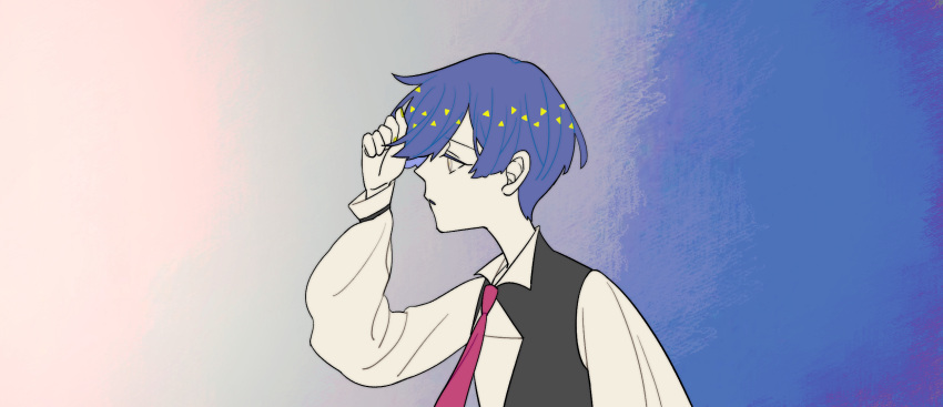 1other ajing073 black_vest blue_hair bowl_cut from_side highres houseki_no_kuni long_sleeves looking_away necktie other_focus phosphophyllite phosphophyllite_(ll) portrait profile puffy_long_sleeves puffy_sleeves purple_necktie shirt short_hair solo vest white_eyes white_shirt yellow_nails