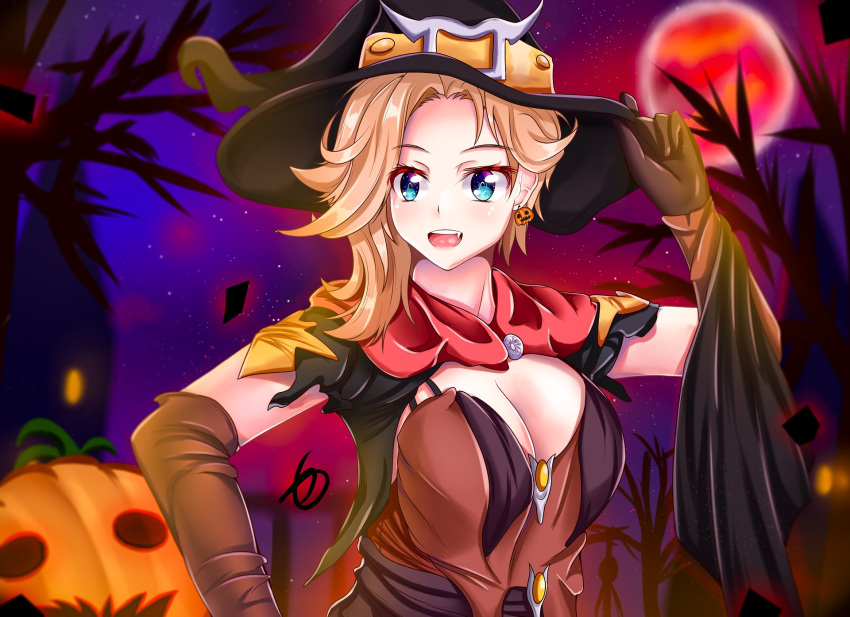 1girl black_headwear blonde_hair blue_eyes breasts brown_gloves cleavage earrings fang gloves hat highres jack-o'-lantern jack-o'-lantern_earrings jewelry large_breasts martwi1k medium_hair mercy_(overwatch) overwatch red_scarf scarf upper_body witch witch_hat witch_mercy