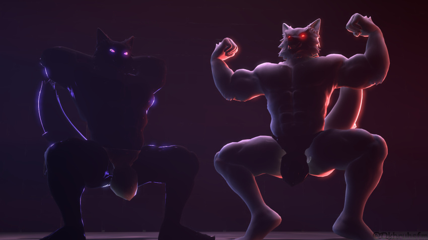 3d_(artwork) abs anthro bulge canid canine canis clothing crouching digital_media_(artwork) duo flexing glowing glowing_eyes hi_res male mammal muscular muscular_male ok_bruh petruz_(copyright) source_filmmaker thick_thighs underwear wolf