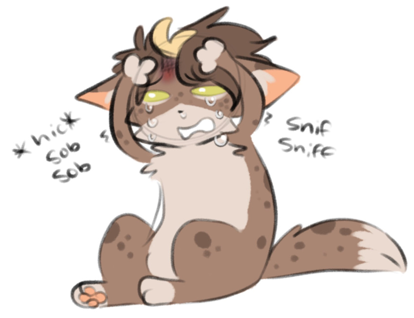 2023 anthro bodily_fluids brown_body brown_fur brown_hair bruised_head colored_sketch crying domestic_cat felid feline felis freckledcoat freckledcoat_(character) fur hair hi_res male mammal simple_background sketch sniffing sobbing solo tears white_background wounded