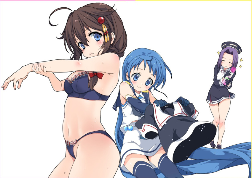 black_hair black_thighhighs black_underwear blue_eyes blue_hair braid breasts closed_eyes halo kantai_collection long_hair malino_(dream_maker) mechanical_halo medium_breasts medium_hair navel purple_hair samidare_(kancolle) shigure_(kancolle) side_braid simple_background smile tatsuta_(kancolle) thighhighs underwear underwear_only very_long_hair