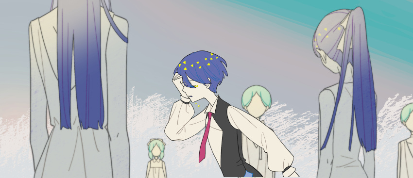 6+others ajing073 aqua_hair black_vest blue_hair blunt_ends bowl_cut child closed_eyes colored_tears crying dress faceless fleeing hand_up highres houseki_no_kuni long_sleeves multiple_others necktie other_focus out_of_frame phosphophyllite phosphophyllite_(ll) ponytail profile puffy_long_sleeves puffy_sleeves purple_necktie running shirt short_hair sleeveless sleeveless_dress solo_focus spoilers straight_hair tears vest white_shirt