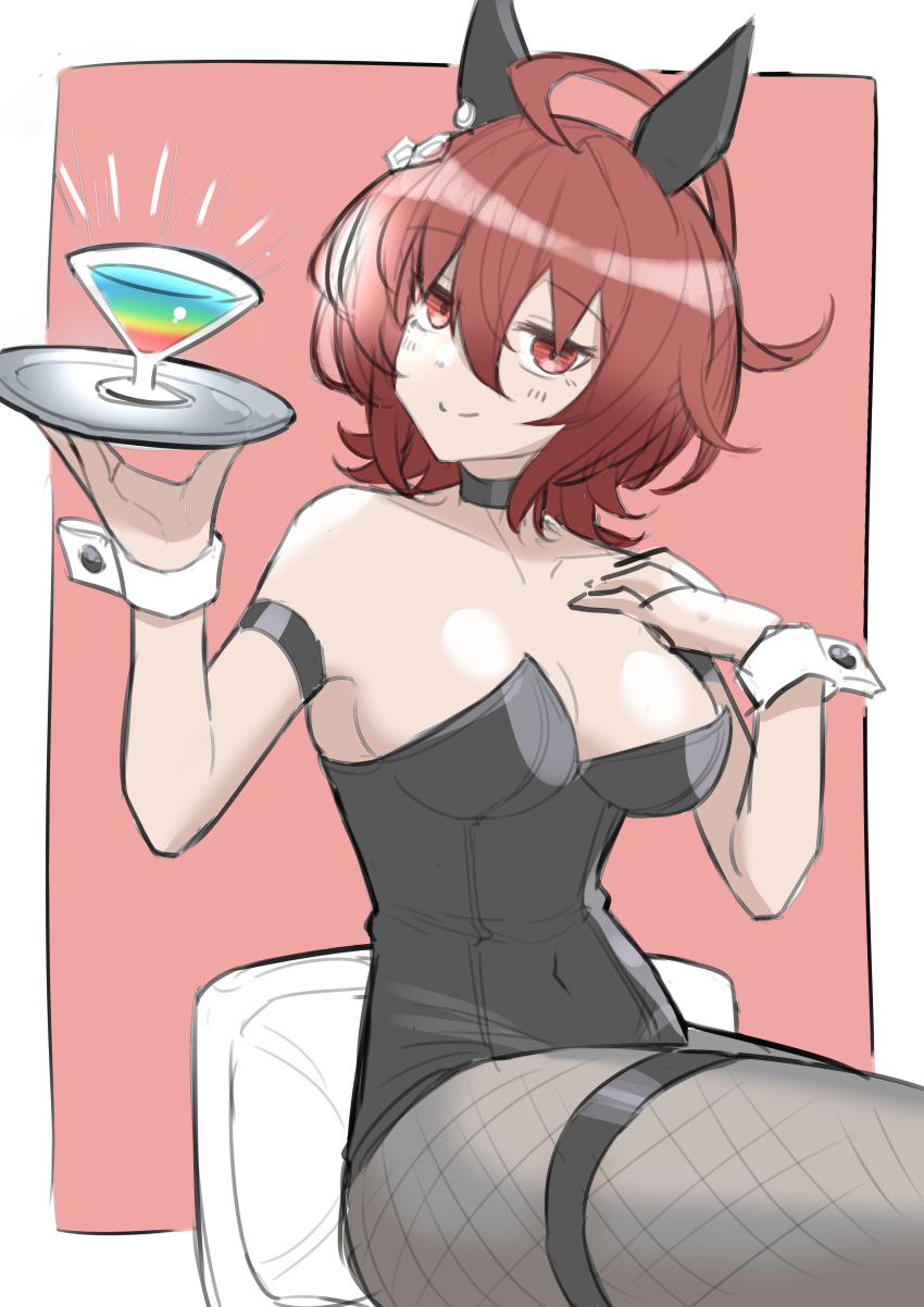 1girl absurdres agnes_tachyon_(umamusume) ahoge alternate_costume animal_ears armband bare_shoulders black_leotard black_pantyhose blush breasts brown_hair choker cleavage closed_mouth cocktail_glass covered_navel cup drinking_glass hand_on_own_chest hand_up highres holding holding_tray horse_ears leotard looking_at_viewer medium_breasts medium_hair notice_lines pantyhose playboy_bunny sitting smile solo thigh_strap tray umamusume wrist_cuffs yuuki_(yu-ki0701)