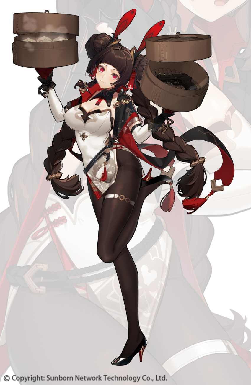1girl :3 animal_ears bamboo_steamer baozi black_footwear braid breasts brown_hair brown_pantyhose character_request cleavage closed_mouth cropped_jacket detached_collar detached_sleeves double_bun dress fake_animal_ears food full_body girls'_frontline gloves gun hair_bun handgun high_heels highres large_breasts long_hair looking_at_viewer low_twin_braids official_art pantyhose projected_inset rabbit_ears red_eyes red_gloves rex_zero_1_(girls'_frontline) side_slit smile solo standing standing_on_one_leg steam strapless strapless_dress thigh_strap thighband_pantyhose twin_braids weapon white_dress wulazula