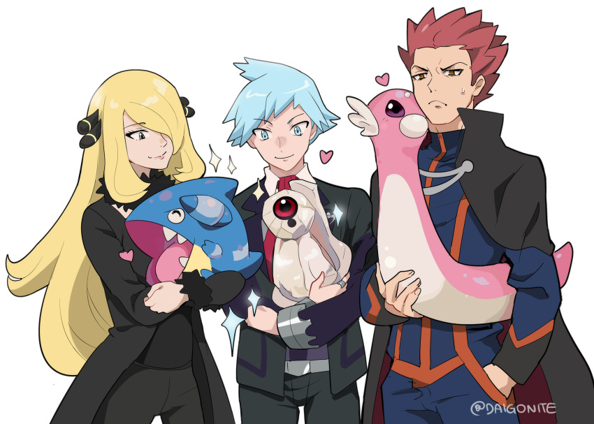 1girl 2boys :&lt; alternate_color bangs beldum black_coat black_jacket black_pants blonde_hair closed_mouth coat collared_shirt commentary cowboy_shot cynthia_(pokemon) dratini fur-trimmed_coat fur_collar fur_trim gible goro_orb grey_eyes hair_ornament hair_over_one_eye hand_in_pocket heart highres holding holding_pokemon jacket lance_(pokemon) long_sleeves looking_down multiple_boys necktie pants pokemon pokemon_(creature) pokemon_(game) pokemon_dppt pokemon_hgss pokemon_oras red_necktie shiny_pokemon shirt simple_background smile sparkle steven_stone sweatdrop twitter_username watermark white_background