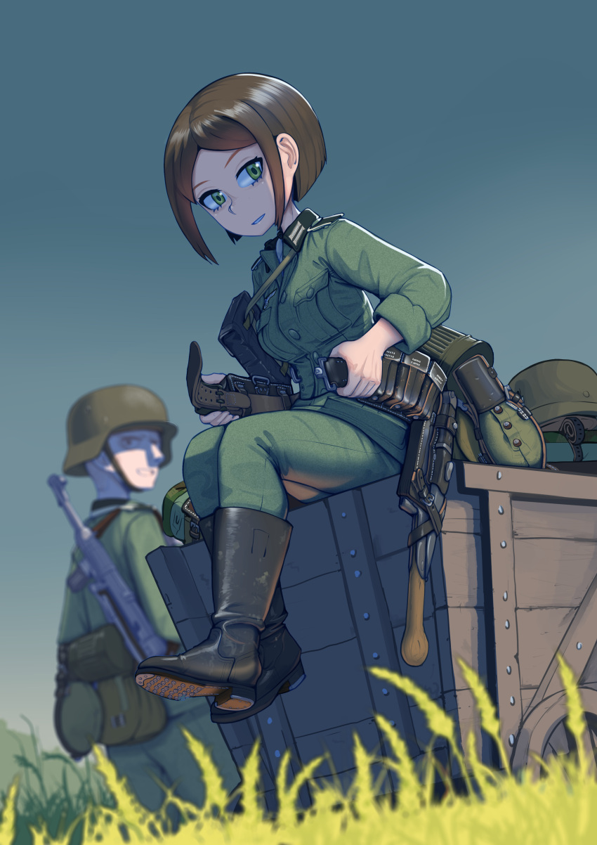 1girl absurdres belt boots brown_hair erica_(naze1940) grass ground_vehicle gun hat helmet highres holding holding_weapon military military_uniform mp40 original short_hair soldier submachine_gun uniform utility_belt weapon wire_cutters world_war_ii