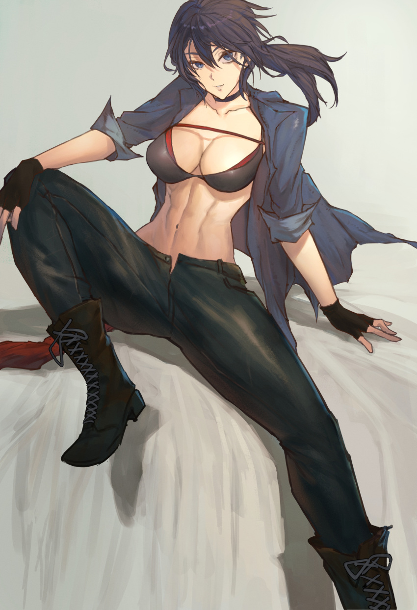 1girl abs absurdres black_hair blue_eyes boots bra breasts brown_footwear denim fingerless_gloves gloves highres jacket jeans madoro_q midriff muscular muscular_female navel open_clothes open_fly open_jacket original pants ponytail sitting stomach toned underwear