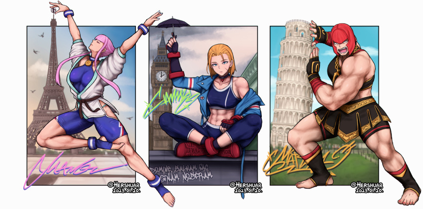 3girls abs biceps blonde_hair cammy_white character_name crop_top eiffel_tower elizabeth_tower graffiti hershuar highres jacket lamppost leaning_tower_of_pisa looking_at_viewer manon_(street_fighter) marisa_(street_fighter) multiple_girls muscular muscular_female off_shoulder open_mouth pink_hair red_hair scar short_hair sitting street_fighter street_fighter_6 toeless_footwear tower umbrella wristband
