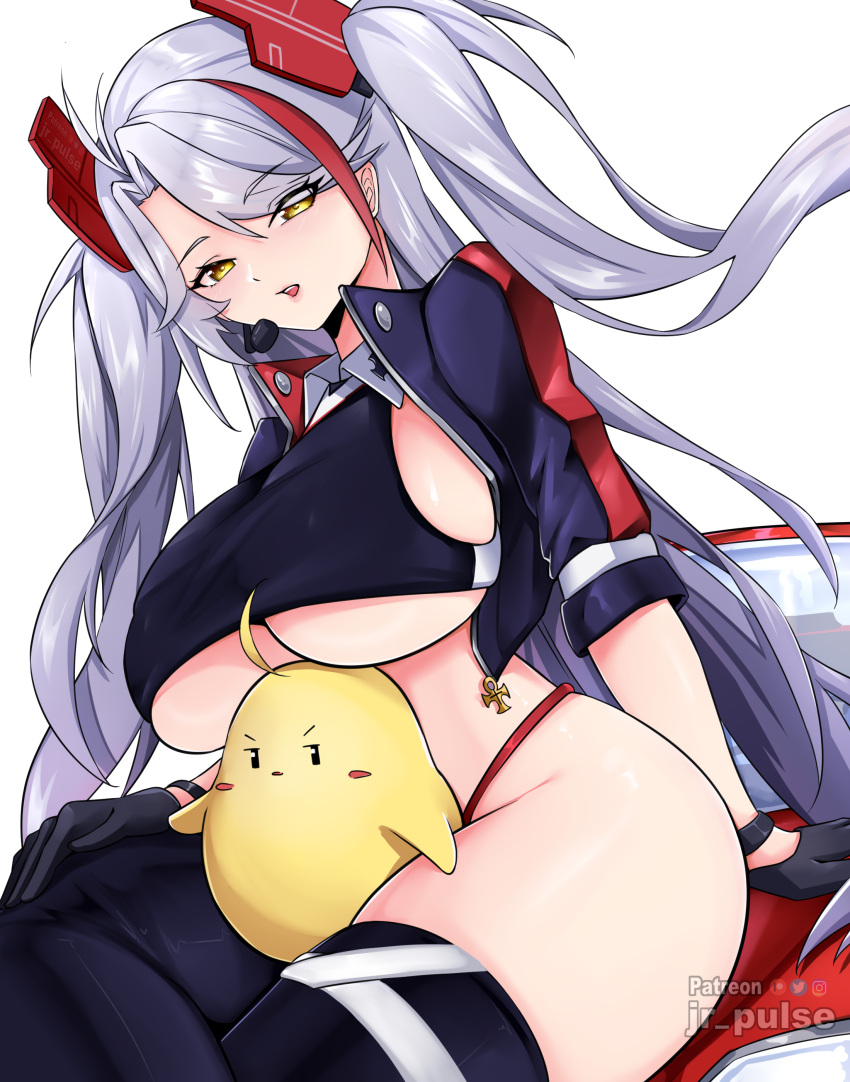 1girl absurdres antenna_hair arm_support artist_name azur_lane black_gloves breasts clothing_cutout cropped_jacket cropped_shirt crossed_legs earpiece gloves half_gloves highres jacket jrpulse large_breasts long_hair manjuu_(azur_lane) multicolored_hair official_alternate_costume open_mouth orange_eyes panties panty_straps prinz_eugen_(azur_lane) prinz_eugen_(final_lap)_(azur_lane) purple_jacket race_queen red_panties sideboob sitting streaked_hair thighhighs thighs two_side_up underboob underboob_cutout underwear white_background white_hair