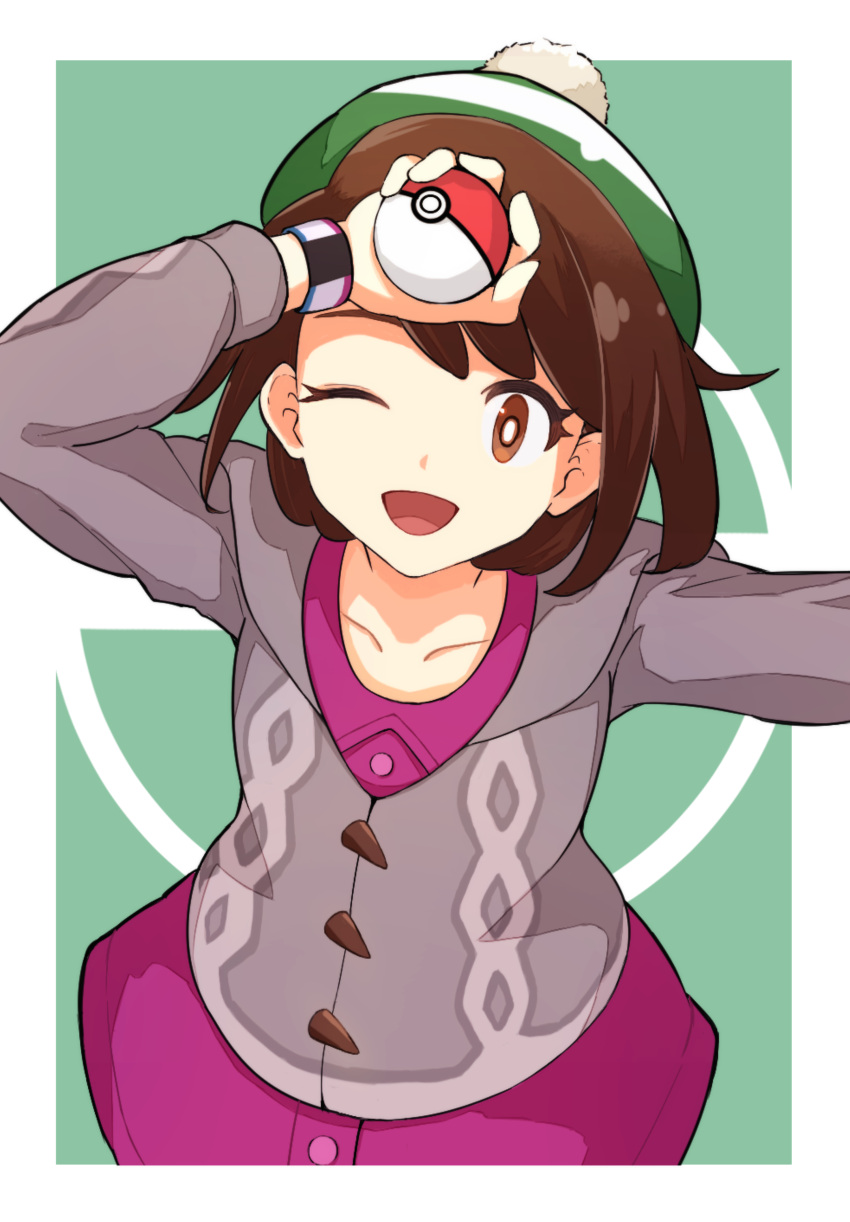 1girl ;d absurdres arm_up bob_cut brown_eyes brown_hair buttons cable_knit cardigan collared_dress commentary_request dress gloria_(pokemon) green_headwear grey_cardigan hat highres holding holding_poke_ball one_eye_closed open_mouth poke_ball poke_ball_(basic) pokemon pokemon_(game) pokemon_swsh roka_(o-yasumi) short_hair smile solo tam_o'_shanter tongue