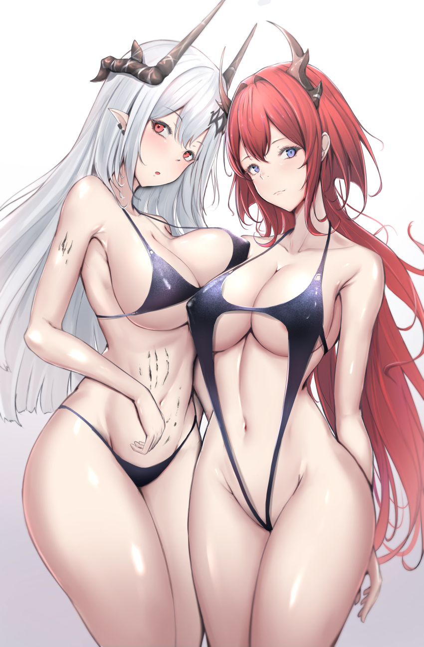 2girls :o absurdres arknights armpit_crease asymmetrical_docking bare_shoulders bikini black_bikini black_one-piece_swimsuit blue_eyes blush breast_press breasts casual_one-piece_swimsuit center_opening cleavage closed_mouth collarbone covered_nipples cowboy_shot earrings grey_hair highres horns jewelry large_breasts long_hair looking_at_viewer micro_bikini mudrock_(arknights) multiple_girls navel one-piece_swimsuit oripathy_lesion_(arknights) parted_lips pointy_ears poni_(poni_arknights) red_eyes red_hair simple_background smile stomach surtr_(arknights) swimsuit very_long_hair white_background