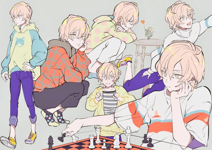 1boy :o black_pants black_socks blue_socks blush board_game chess chess_piece chessboard commentary elbow_rest flying_sweatdrops full_body glass_table grey_background grey_eyes grey_shirt hair_between_eyes hand_on_hip hand_on_own_face head_rest highres holding_chess_piece hood hood_down hoodie jacket long_sleeves looking_at_animal looking_at_viewer looking_to_the_side male_focus mikado_nagi mofmofqueue mouse multiple_views no_shoes open_mouth orange_hoodie outstretched_arm pants pants_rolled_up pink_hair polka_dot polka_dot_hoodie polka_dot_legwear polka_dot_socks purple_pants shirt shoes short_hair short_sleeves simple_background smile sneakers socks squatting stool striped striped_hoodie striped_shirt sweater table turtleneck turtleneck_sweater upper_body uta_no_prince-sama white_pants white_sweater yellow_footwear yellow_hoodie yellow_jacket