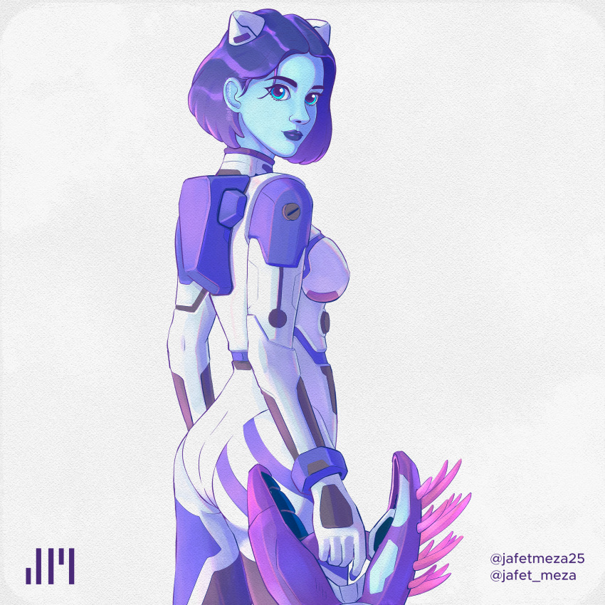 1girl absurdres ass blue_eyes blue_skin breasts colored_skin commentary cosplay cowboy_shot english_commentary gun hair_behind_ear halo_(series) halo_infinite highres holding holding_gun holding_weapon instagram_username jafet_meza medium_breasts needler neon_genesis_evangelion plugsuit purple_hair purple_lips solo the_weapon_(halo_infinite) twitter_username watermark weapon