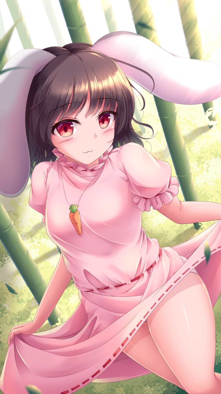 1girl :3 animal_ears bamboo bamboo_forest bare_legs blush breasts brown_hair carrot_necklace clothes_lift dress dress_lift floppy_ears forest frilled_sleeves frills highres holding holding_clothes holding_dress imperishable_night inaba_tewi jewelry lzh medium_breasts nature necklace panties pantyshot pink_dress pink_shirt pink_skirt puffy_short_sleeves puffy_sleeves rabbit_ears rabbit_girl rabbit_tail red_eyes ribbon-trimmed_dress ribbon-trimmed_skirt ribbon_trim shirt short_sleeves skirt smile solo tail thighs touhou underwear upskirt wavy_hair white_panties