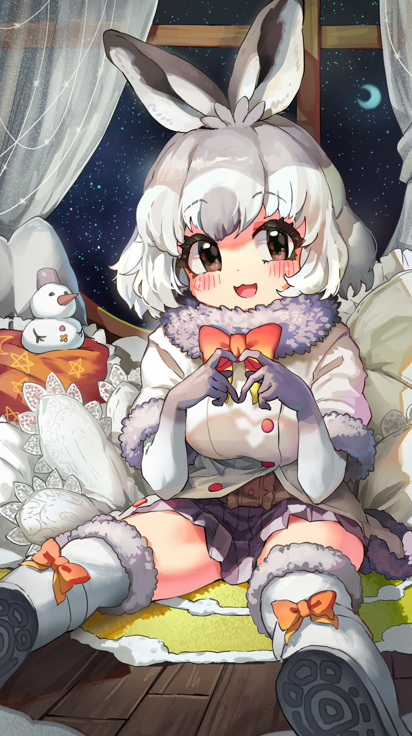 1girl :3 :d absurdres animal_ears bangs blush bow bowtie brown_eyes commentary curtains finger_heart fur-trimmed_sleeves fur-trimmed_thighhighs fur_collar fur_trim grey_hair highres indoors kemono_friends looking_at_viewer melaton mountain_hare_(kemono_friends) night open_mouth pleated_skirt rabbit_ears rabbit_girl red_bow red_bowtie shoe_soles short_hair short_sleeves sitting skirt smile solo white_hair window wooden_floor zettai_ryouiki