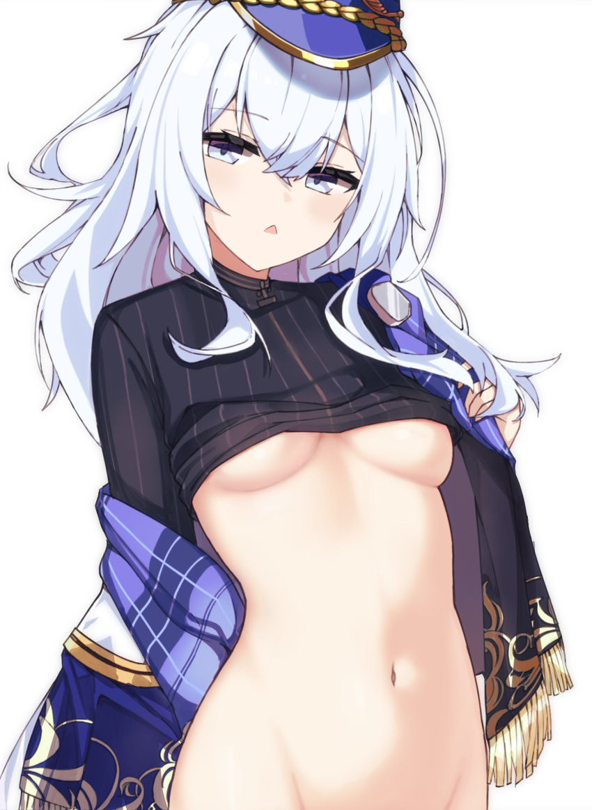1girl black_shirt blue_eyes blue_headwear breasts clothes_lift girls'_frontline girls'_frontline_neural_cloud grey_hair highres lancer_(worudrleh1) long_hair looking_at_viewer medium_breasts navel no_bra open_clothes open_mouth out-of-frame_censoring revision shirt shirt_lift solo stomach striped striped_shirt triangle_mouth underboob undine_(girls'_frontline_nc) upper_body vertical-striped_shirt vertical_stripes