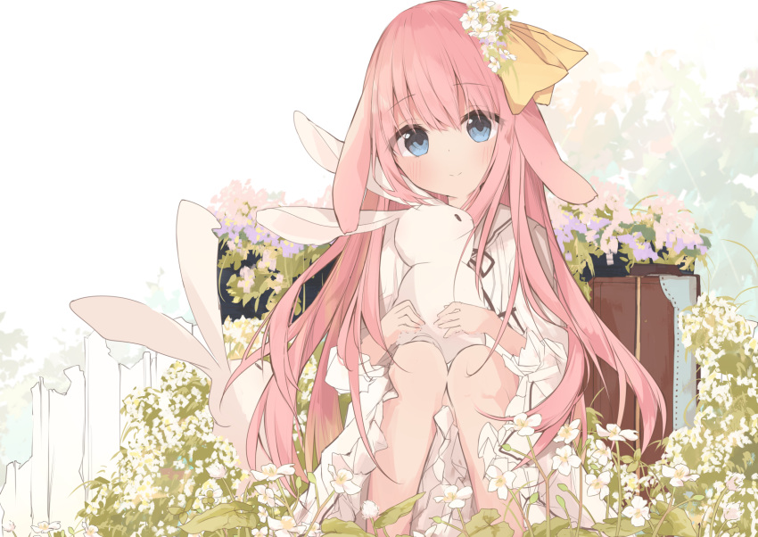 1girl animal animal_ears animal_hug bangs black_ribbon blue_eyes bow closed_mouth commentary_request dress flower hair_between_eyes hair_bow highres kushida_you long_hair long_sleeves looking_at_viewer neck_ribbon original pink_hair puffy_long_sleeves puffy_sleeves rabbit rabbit_ears ribbon smile solo suitcase very_long_hair white_background white_dress white_flower yellow_bow