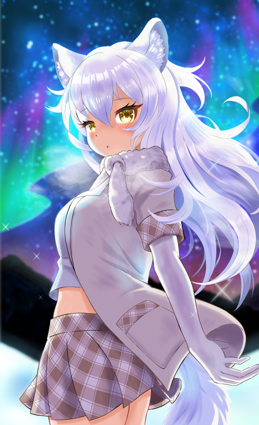 1girl animal_ears arctic_wolf_(kemono_friends) aurora blush breasts elbow_gloves gloves highres jacket kemono_friends kemono_friends_3 long_hair looking_at_viewer looking_back medium_breasts midriff mountain mountainous_horizon mugichoko_(mugi_choco416) nature open_mouth outdoors pleated_skirt skirt snow solo tail white_gloves white_hair wolf_ears wolf_girl wolf_tail yellow_eyes