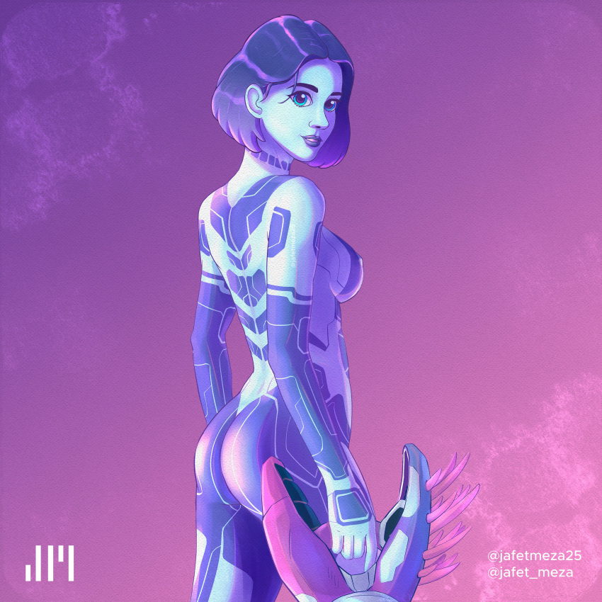 1girl absurdres ass blue_eyes blue_skin breasts colored_skin commentary covered_nipples cowboy_shot gun hair_behind_ear halo_(series) halo_infinite highres holding holding_gun holding_weapon instagram_username jafet_meza medium_breasts needler parted_lips purple_hair purple_lips smile solo symbol-only_commentary the_weapon_(halo_infinite) twitter_username watermark weapon