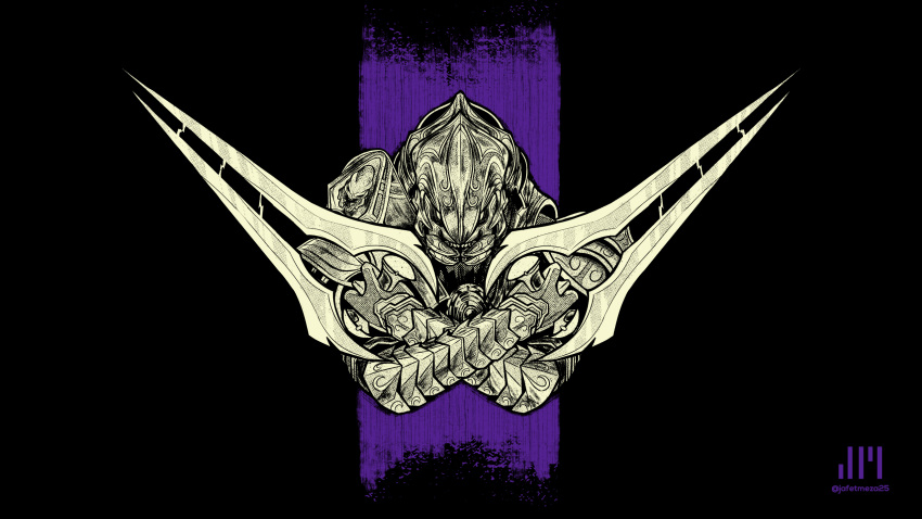 1boy arbiter commentary cropped_torso english_commentary greyscale halo_(series) highres holding holding_sword holding_weapon instagram_username jafet_meza male_focus monochrome sangheili solo spot_color sword type-1_energy_sword upper_body watermark weapon