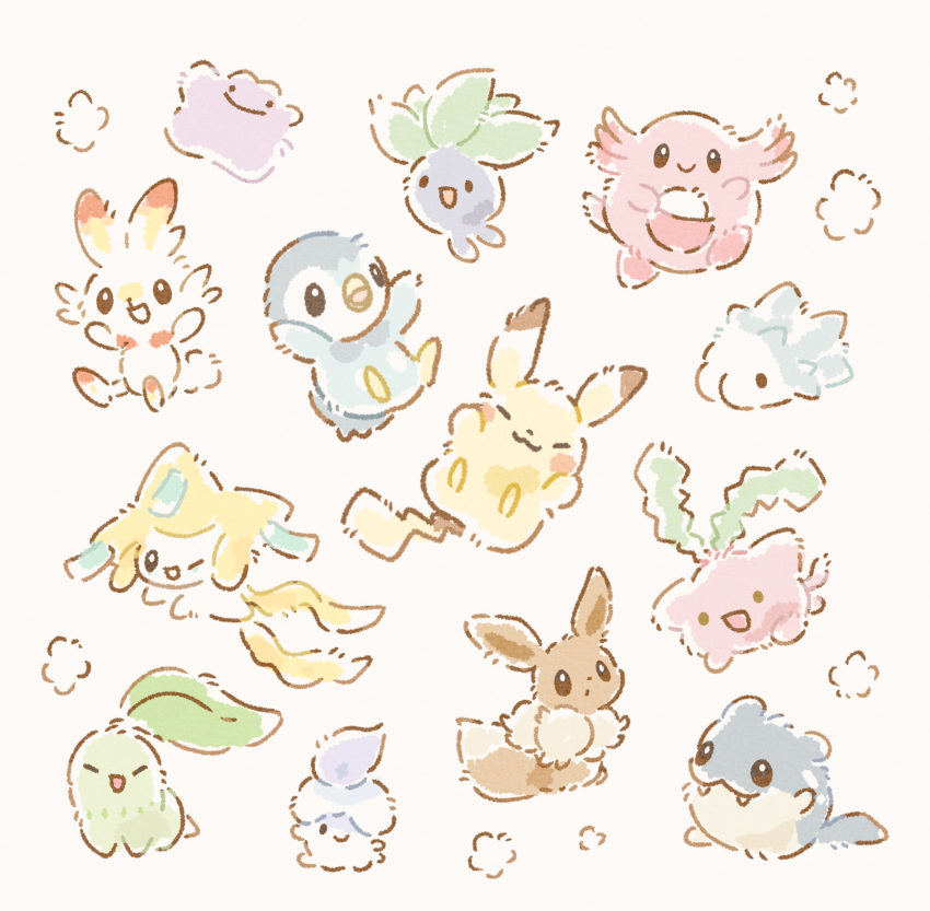 :3 :d :o ^_^ arms_up bird black_eyes candle chansey chikorita closed_eyes closed_mouth ditto eevee egg fangs fangs_out full_body highres hoppip jirachi leaf litwick looking_at_viewer mofucoffee no_humans oddish one_eye_closed open_mouth penguin pikachu piplup pokemon pokemon_(creature) rabbit scorbunny simple_background sitting smile snom solid_circle_eyes spheal tanzaku white_background