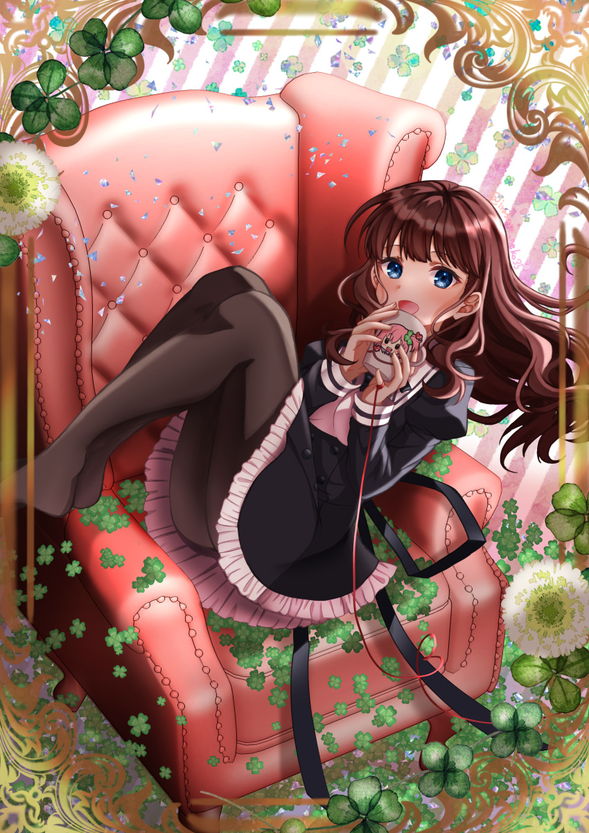 1girl :d absurdres armchair assault_lily bangs black_skirt blue_eyes breasts brown_hair brown_pantyhose chair character_print clover commentary_request cropped_jacket cup dandelion diagonal_stripes flower foot_out_of_frame four-leaf_clover framed frilled_skirt frills hands_up heart heart_of_string high-waist_skirt highres hitotsuyanagi_riri holding holding_cup irasuto_neko35 juliet_sleeves kaede_johan_nouvel legs_up long_sleeves looking_at_viewer medium_breasts mug no_shoes open_mouth pantyhose pink_background print_mug puffy_sleeves reclining school_uniform shirt sidelocks sitting_sideways skirt smile solo string string_of_fate striped striped_background thighhighs upskirt wavy_hair white_shirt yurigaoka_girls_academy_school_uniform