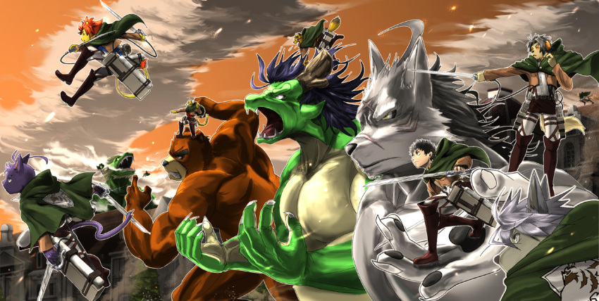 2014 action_pose amber_eyes anthro asian_mythology attack_on_titan bear bird_dog black_bear black_hair black_nose boots brown_body brown_fur canid canine canis cape claws clothed clothing cloud colored countershade_snout countershade_torso countershading domestic_cat domestic_dog dragon east_asian_mythology eastern_dragon fangs felid feline felis footwear fully_clothed fur green_body green_cape green_skin grey_body grey_fur grey_hair group hair hiroyuki_(morenatsu) horn human hunting_dog husky juuichi_mikazuki kounosuke_(morenatsu) kouya_(morenatsu) kyouji_(morenatsu) labrador lion male mammal mane moon_bear morenatsu muscular muscular_anthro muscular_male mythology nordic_sled_dog nude orange_mane orange_sky pantherine parody poge_jirushi pose purple_body purple_fur purple_mane raccoon_dog retriever scar shin_(morenatsu) sky snout soutarou_(morenatsu) spitz tan_body tan_countershading tan_fur tan_skin tanuki tappei_(morenatsu) tatsuki_(morenatsu) teeth ten_kodori tiger torahiko_(morenatsu) ursine visual_novel white_claws white_eyes wolf yellow_body yellow_fur