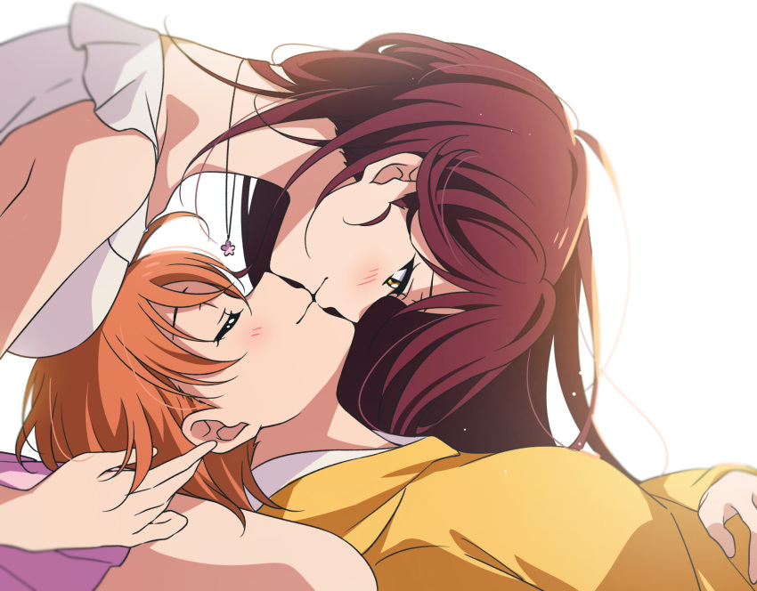 2girls breasts closed_eyes highres hood hoodie jewelry kiss kougi_hiroshi love_live! love_live!_sunshine!! multiple_girls necklace orange_hair red_hair sakurauchi_riko skirt takami_chika yellow_eyes yuri