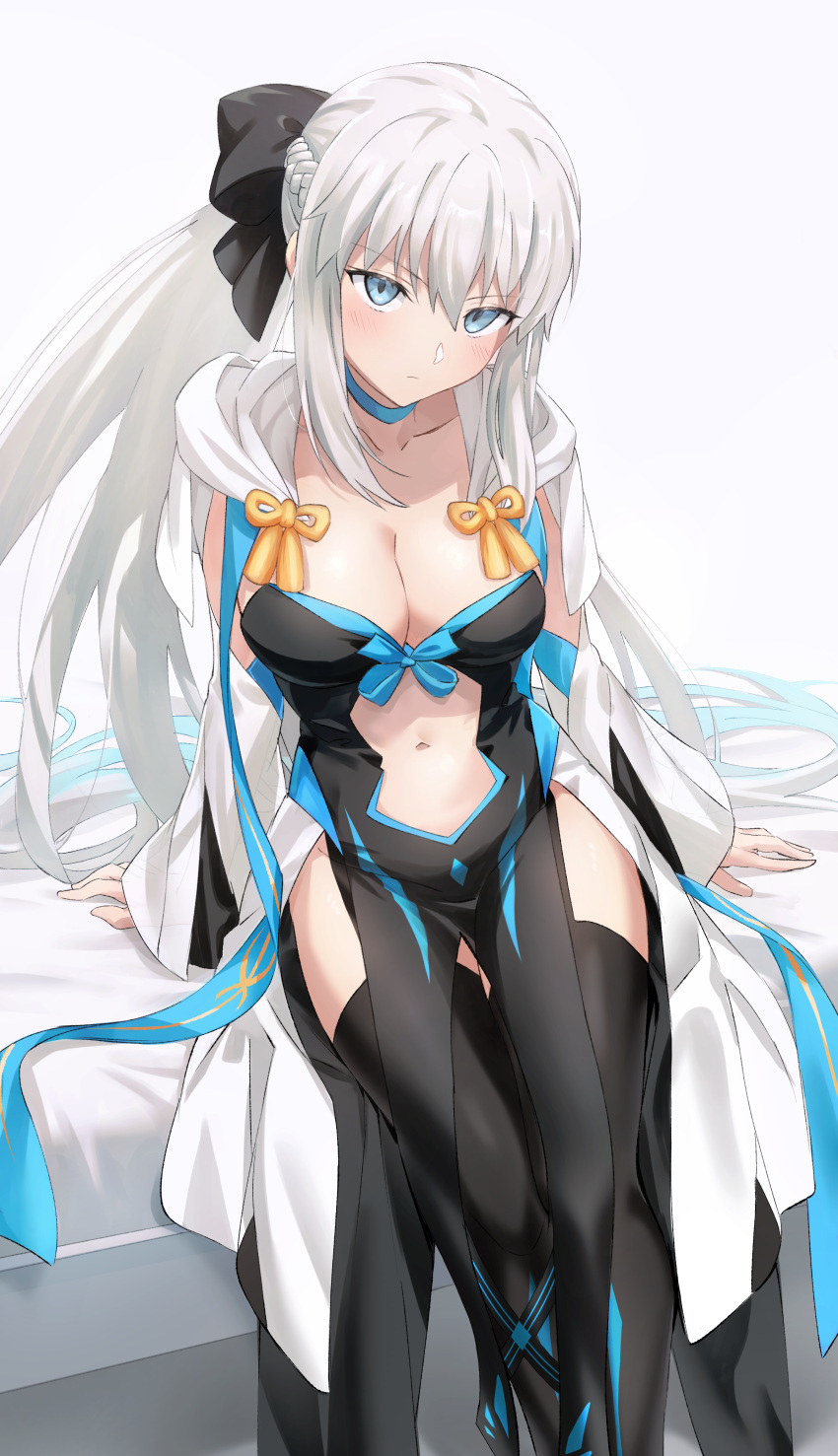1girl absurdres bangs bed black_bow black_dress black_footwear blue_eyes boots bow braid breasts center_opening choker cleavage collarbone dress fate/grand_order fate_(series) french_braid grey_hair hair_bow highres large_breasts long_hair long_sleeves looking_at_viewer morgan_le_fay_(fate) okonon_(kado_colda) on_bed pelvic_curtain ponytail sidelocks sitting solo thigh_boots thighs two-tone_dress very_long_hair white_dress wide_sleeves