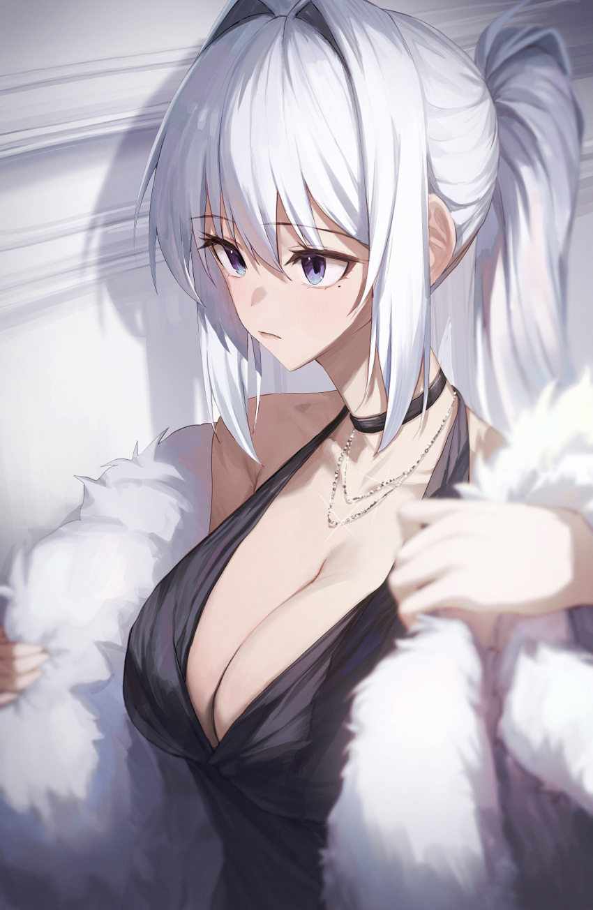 1girl absurdres bangs bare_shoulders black_choker black_dress blue_eyes blurry blurry_foreground breasts choker cleavage cleavage_cutout clothing_cutout coat collarbone depressed depth_of_field dress fur-trimmed_coat fur_trim gnns hair_intakes highres holding holding_clothes holding_coat indoors jewelry large_breasts light_frown long_hair looking_away multicolored_eyes necklace original ponytail shadow sidelocks solo standing upper_body wall white_background white_hair