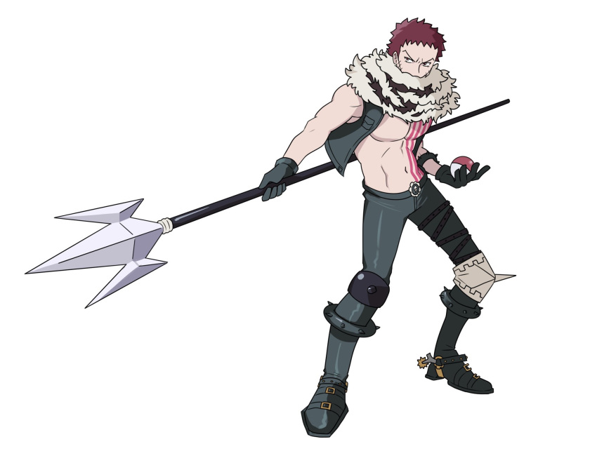 1boy abs arm_tattoo charlotte_katakuri chest_tattoo covered_mouth fighting_stance full_body highres holding holding_polearm holding_weapon male_focus one_piece pectorals pink_hair poke_ball polearm sasamiman short_hair solo spikes stitches style_request tattoo toned toned_male trident weapon