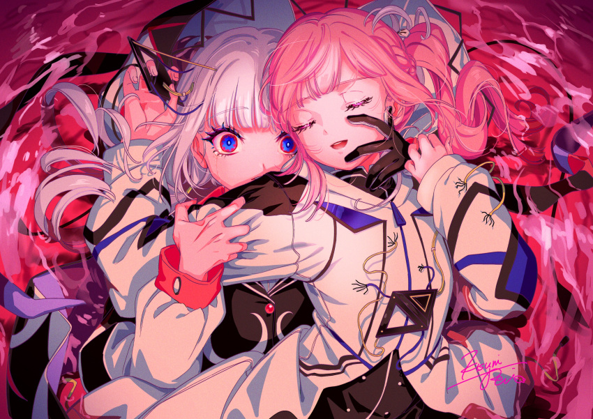 2girls ambiguous_red_liquid android aqua_pupils bangs black_gloves black_jacket black_shirt blue_eyes blunt_bangs braid cable cevio closed_eyes clothes_grab cosplay costume_switch crying crying_with_eyes_open diamond_hair_ornament dual_persona french_braid from_above gloves hair_ornament_removed hand_on_another's_face highres hood hood_down hooded_jacket hug hug_from_behind jacket kaf_(kamitsubaki_studio) kafu_(cevio) kamitsubaki_studio kisumi_rei layered_sleeves light_frown long_sleeves lying medium_hair messy_hair multicolored_clothes multicolored_eyes multicolored_gloves multiple_girls on_back open_mouth parted_lips partially_submerged pink_hair ponytail raised_eyebrows red_eyes shirt short_over_long_sleeves short_sleeves signature single_glove sleeve_grab smile streaming_tears tears upper_body white_gloves white_hair white_jacket wide-eyed zipper