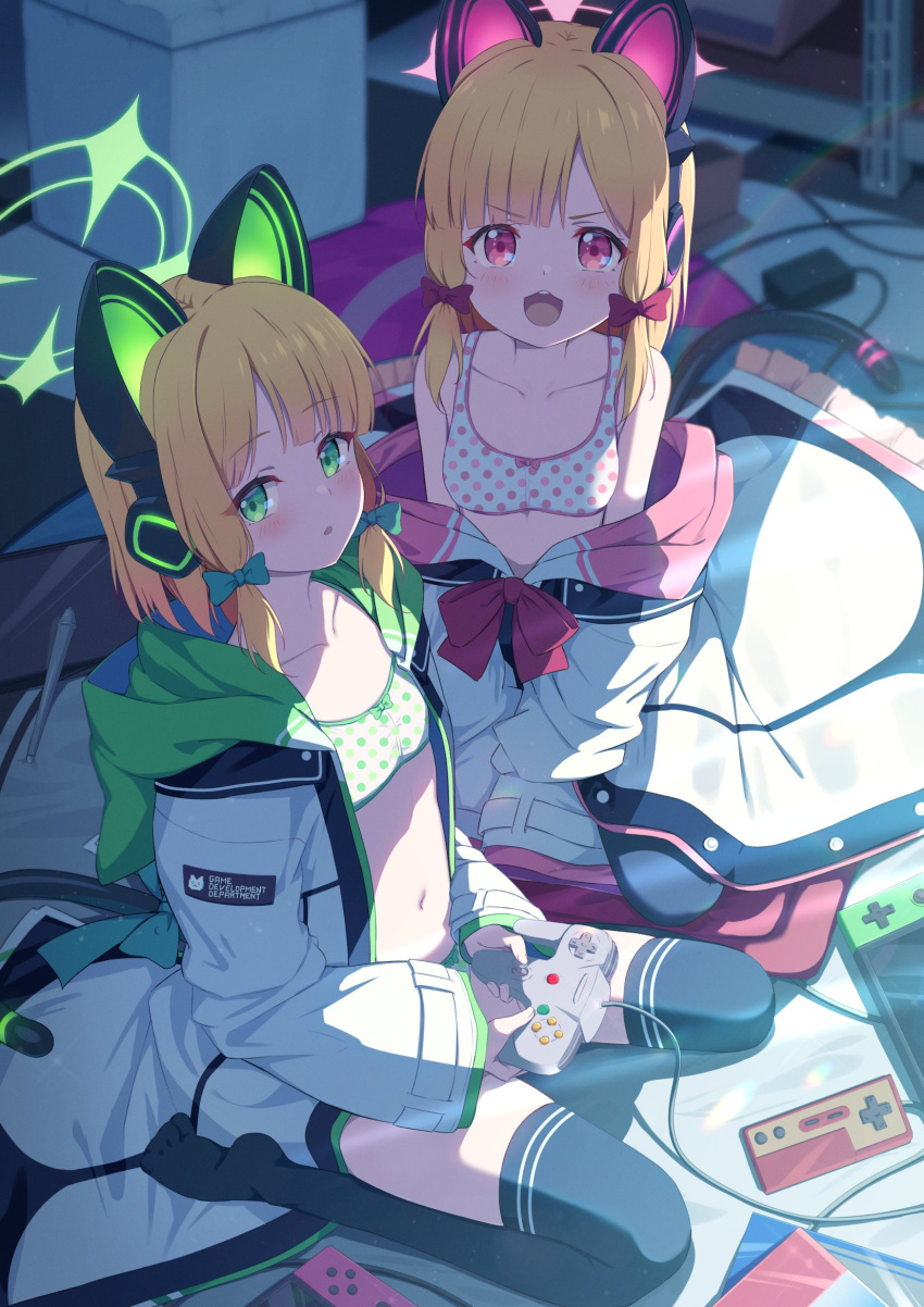 2girls :d animal_ear_headphones animal_ears bangs black_thighhighs blonde_hair blue_archive blunt_bangs blush bow bow_bra bra breasts cat_ear_headphones collarbone commentary controller expressionless fake_animal_ears famicom_gamepad game_controller green_bra green_eyes hair_bow halo headphones highres holding holding_controller holding_game_controller hood hooded_jacket indoors jacket looking_at_viewer midori_(blue_archive) miso_(misomiso_154) momoi_(blue_archive) multiple_girls nintendo_64_controller nintendo_switch open_clothes open_jacket open_mouth open_shirt parted_lips pink_bra pink_eyes polka_dot polka_dot_bra seiza shade short_hair siblings sisters sitting small_breasts smile thighhighs twins underwear v-shaped_eyebrows