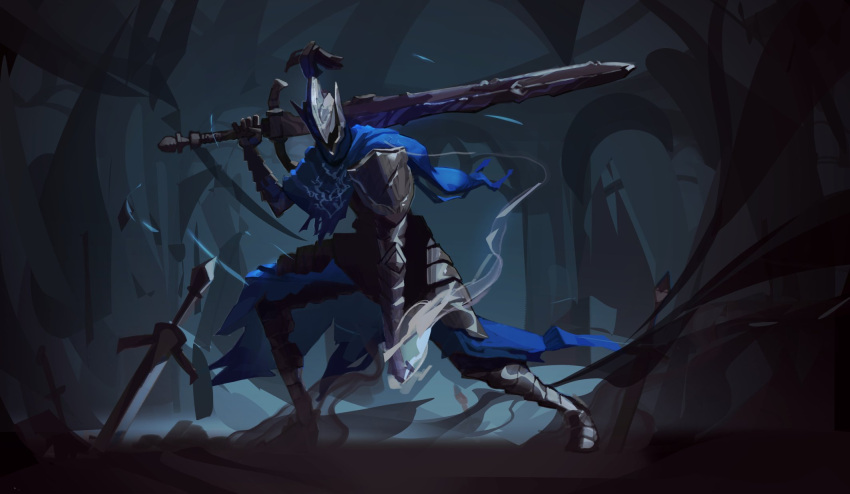 1boy armor artorias_the_abysswalker cape dark_souls_(series) dark_souls_i eximmetry full_armor gauntlets greatsword helm helmet highres holding holding_sword holding_weapon knight legs_apart male_focus outdoors pauldrons planted planted_sword plume shoulder_armor solo sword weapon