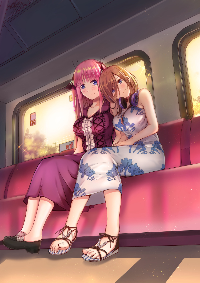 2girls absurdres bangs bare_arms bare_shoulders black_footwear blue_eyes blunt_bangs blush breasts brown_hair butterfly_hair_ornament center_frills chinese_commentary cleavage collarbone commentary_request cross-laced_dress dress dutch_angle eyelashes floral_print frills full_body go-toubun_no_hanayome hair_ornament hair_over_one_eye head_on_another's_shoulder headphones headphones_around_neck highres hug indoors kosmos_beta large_breasts legs loafers long_hair looking_at_another looking_to_the_side multiple_girls nakano_miku nakano_nino pink_hair purple_dress sandals shoes sidelocks smile sparkle straight_hair sunset toenails toes train_interior two_side_up very_long_hair white_dress wiggling_toes window