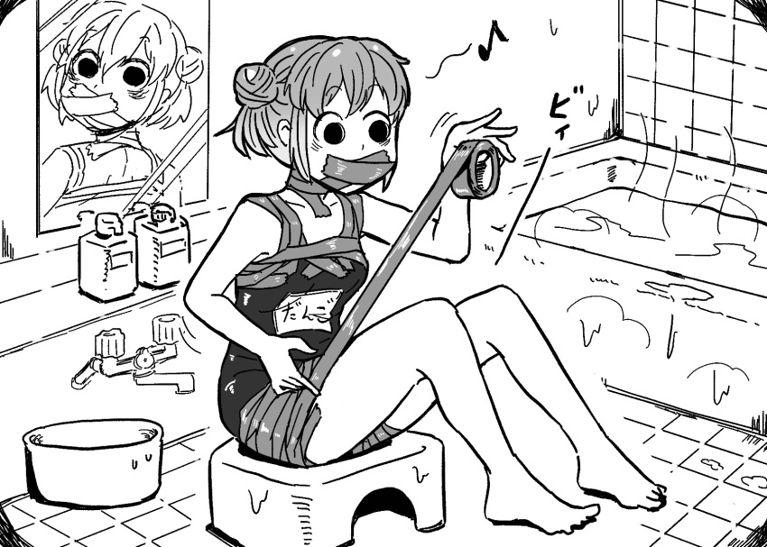 1girl 4shi bags_under_eyes bare_arms barefoot bath_stool bathroom bathtub commentary_request dango-chan_(4shi) different_reflection eighth_note faucet full_body gag greyscale hair_bun highres hollow_eyes improvised_gag indoors knees_up looking_at_viewer looking_back mirror monochrome musical_note name_tag on_stool one-piece_swimsuit original reflection school_swimsuit sitting soap_dispenser stool swimsuit tape tape_gag tile_floor tile_wall tiles