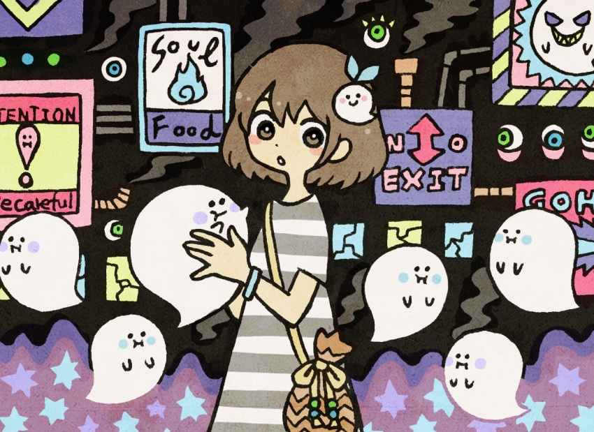 1girl bag blue_eyes blue_fire blush brown_eyes brown_hair dress eyeball fire garouma ghost green_eyes holding holding_ghost looking_at_viewer open_mouth original short_hair short_sleeves shoulder_bag sign smoke solo striped striped_dress